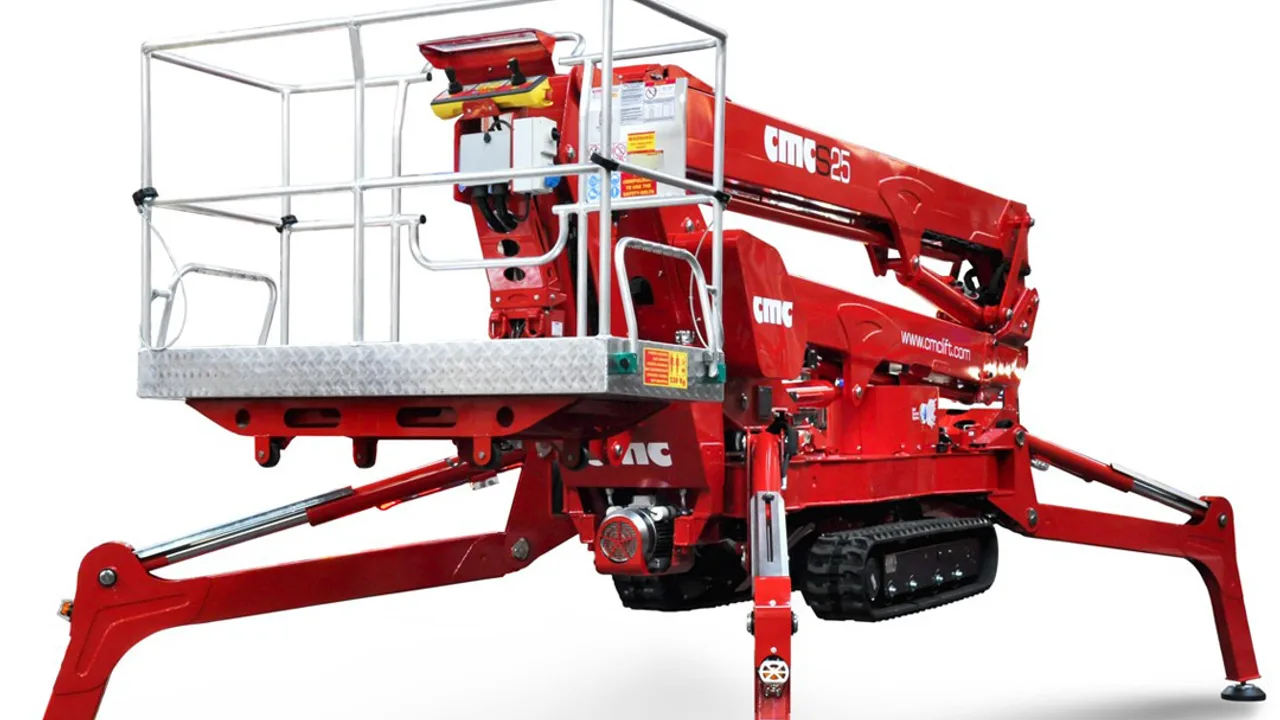 A red CMC tracked spider lift aerial work platform with CMC branding on the boom and turntable
