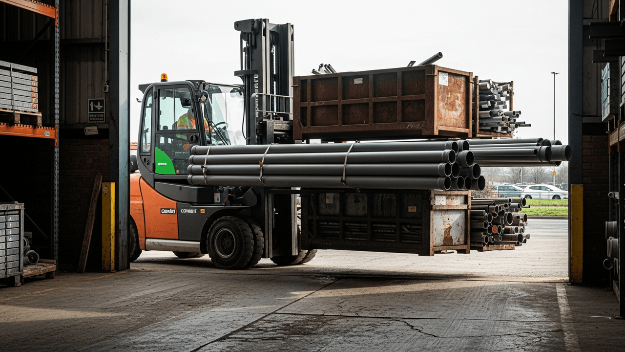 Multidirectional sideloader forklift carrying long PVC stillages sideways through a narrow warehouse doorway