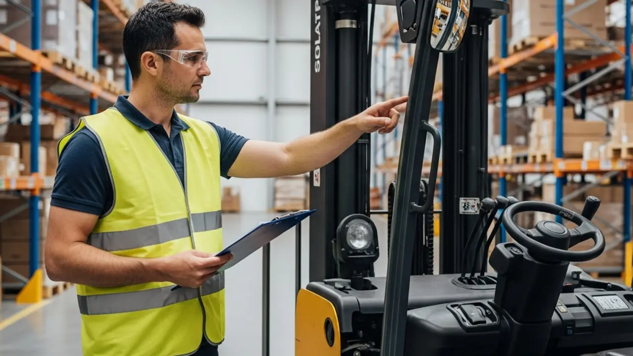 Forklift operator in hi vis carrying out a pre shift safety inspection on a counterbalance forklift in a warehouse