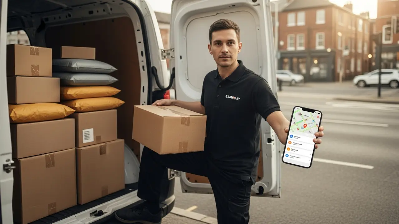 Same day courier driver loading parcels into a delivery van on a city street at dawn