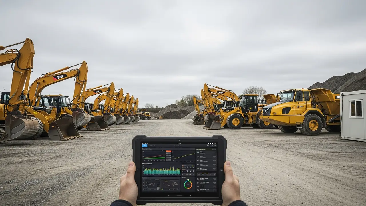 Heavy plant equipment yard with excavators and loaders, a rugged tablet showing a fleet dashboard in the foreground