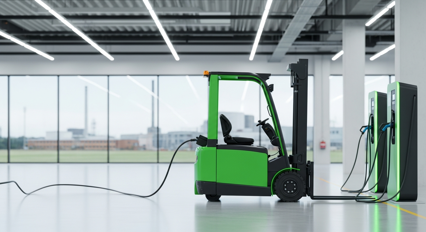 Modern electric counterbalance forklift plugged into a charging station in a bright warehouse