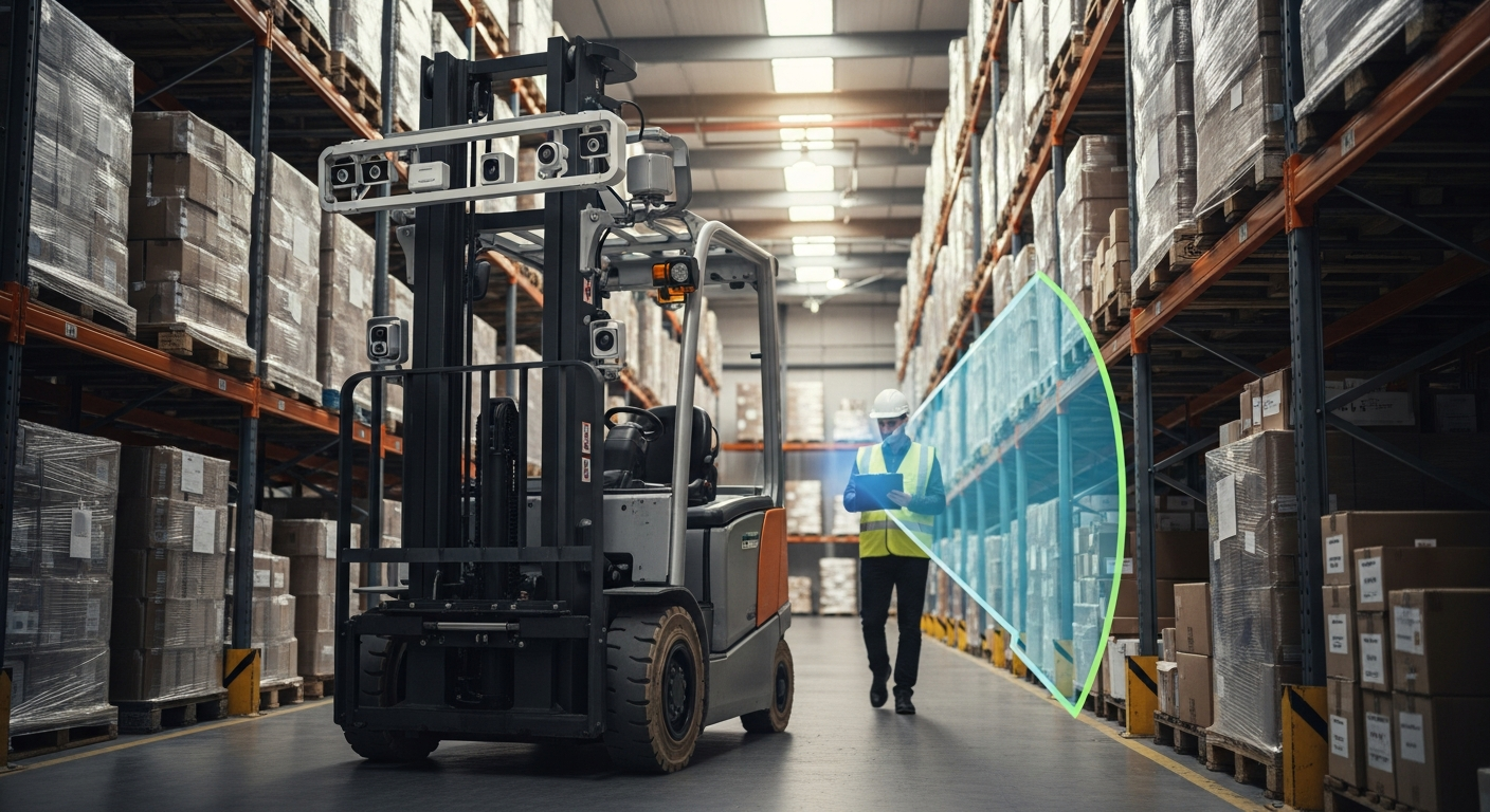 Forklift fitted with AI safety camera sensors detecting a pedestrian in a warehouse aisle