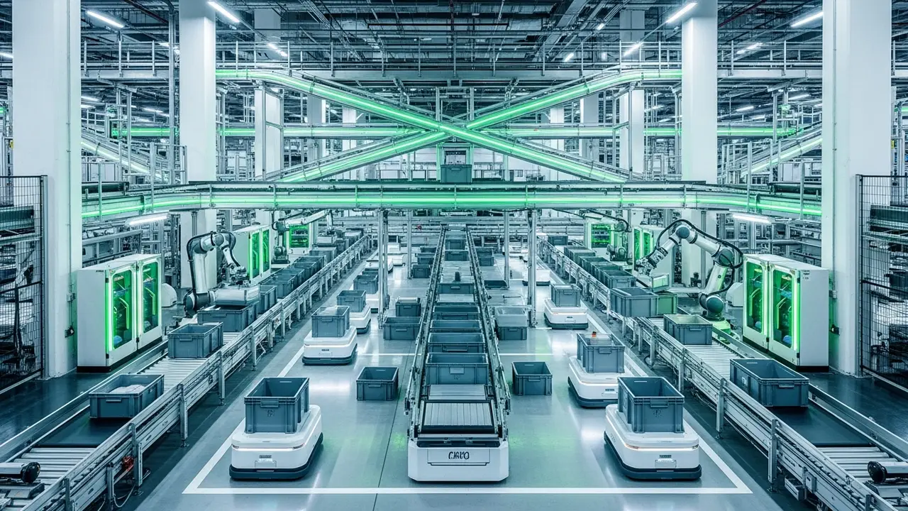 Automated warehouse with autonomous mobile robots and robotic arms moving totes