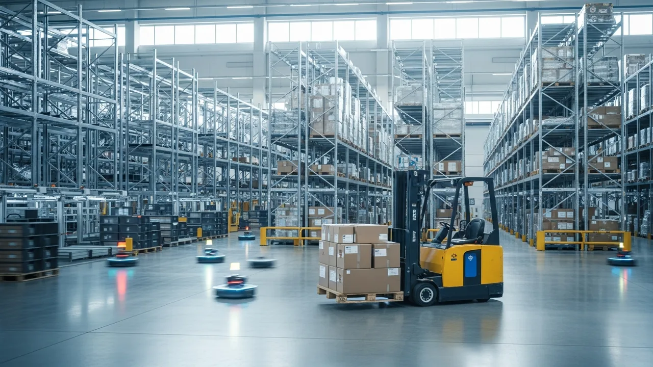Modern automated distribution centre in mainland Europe with tall racking, a forklift and autonomous mobile robots in bright daylight