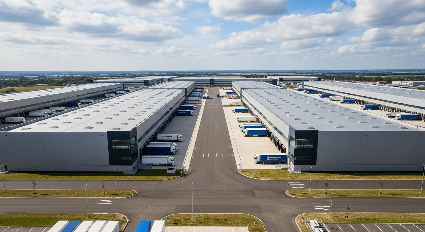 Aerial view of two large modern distribution warehouses with loading docks at a logistics park
