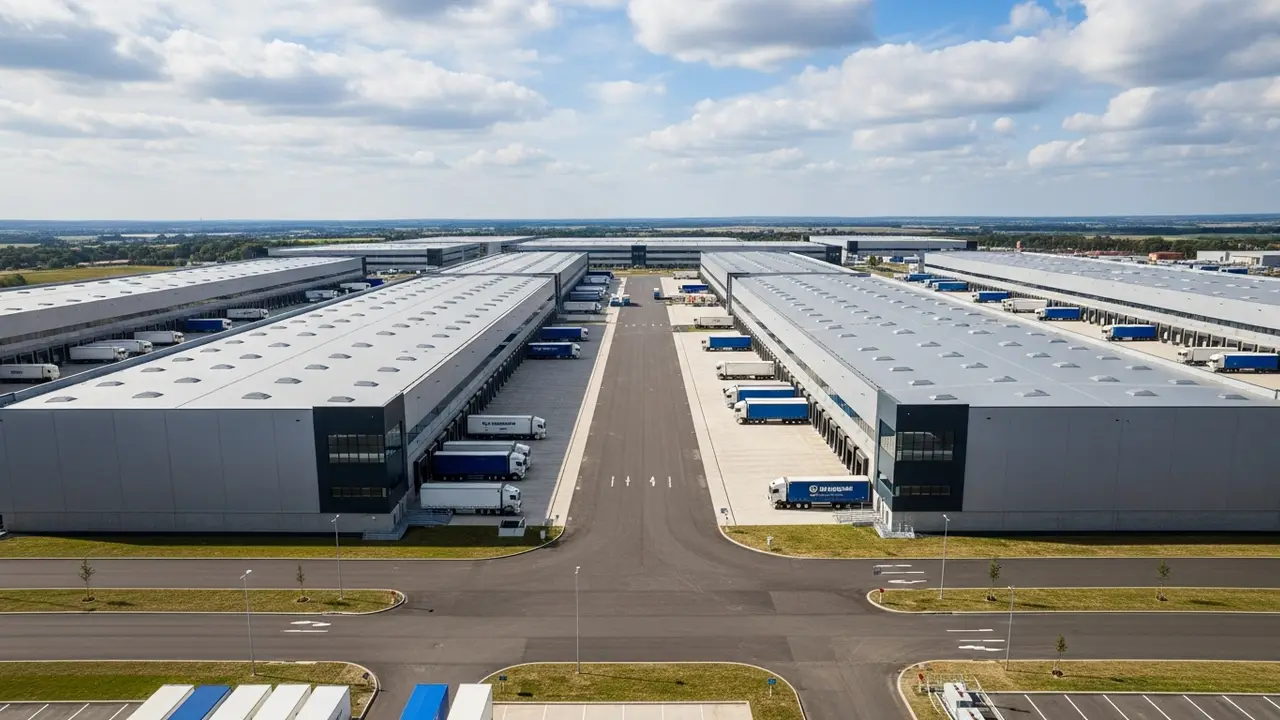 Aerial view of two large modern distribution warehouses with loading docks at a logistics park