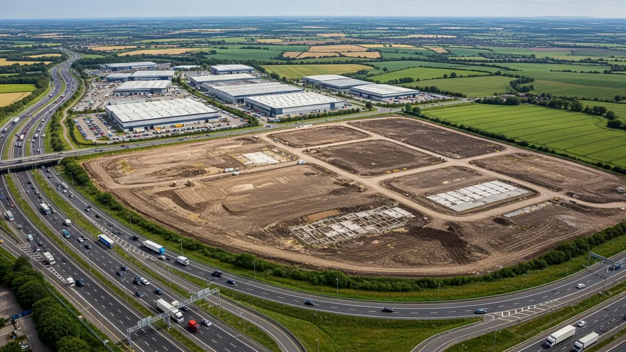 Aerial view of a cleared development plot beside a motorway junction earmarked for logistics warehouses