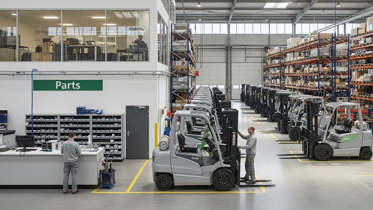 Interior of a new materials handling depot with forklift trucks and warehouse racking
