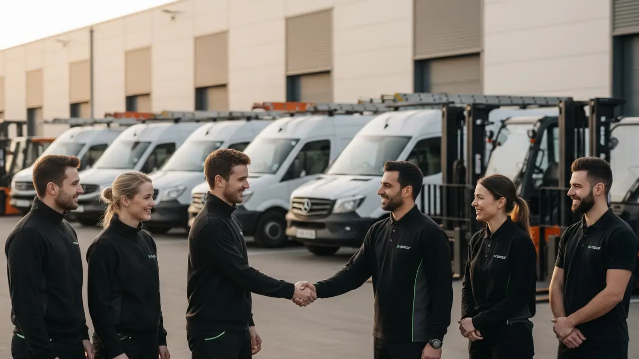 Warehouse service engineers shaking hands in front of forklift fleet and service vans