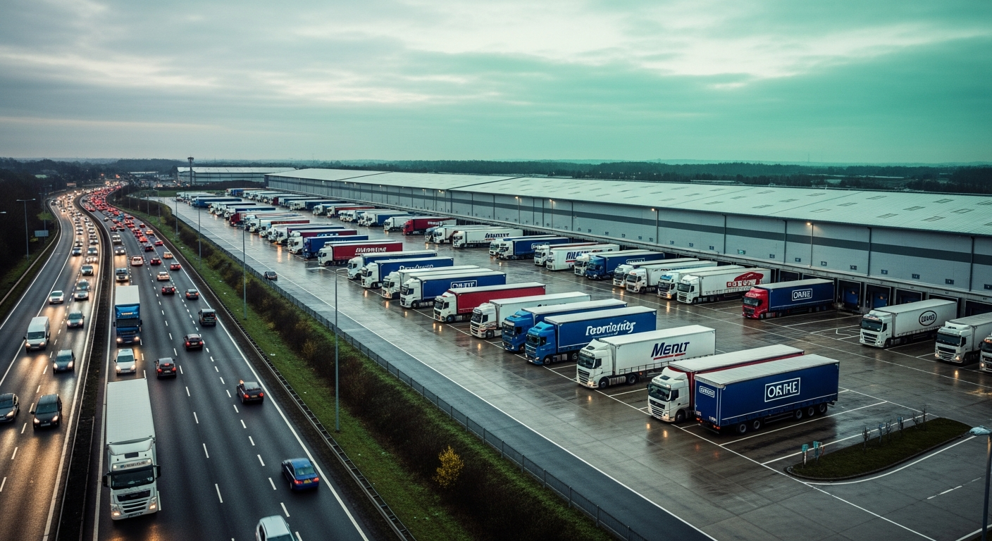 Fleet of lorries at the loading bays of a UK distribution hub at dawn