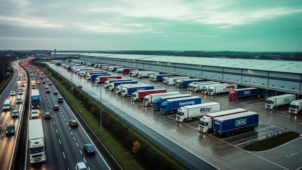 Fleet of lorries at the loading bays of a UK distribution hub at dawn