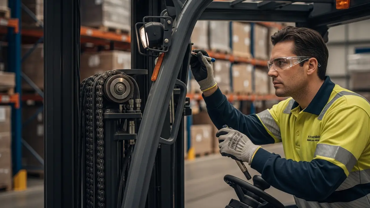 Forklift service technician in hi-vis and safety glasses inspecting the mast of a forklift truck