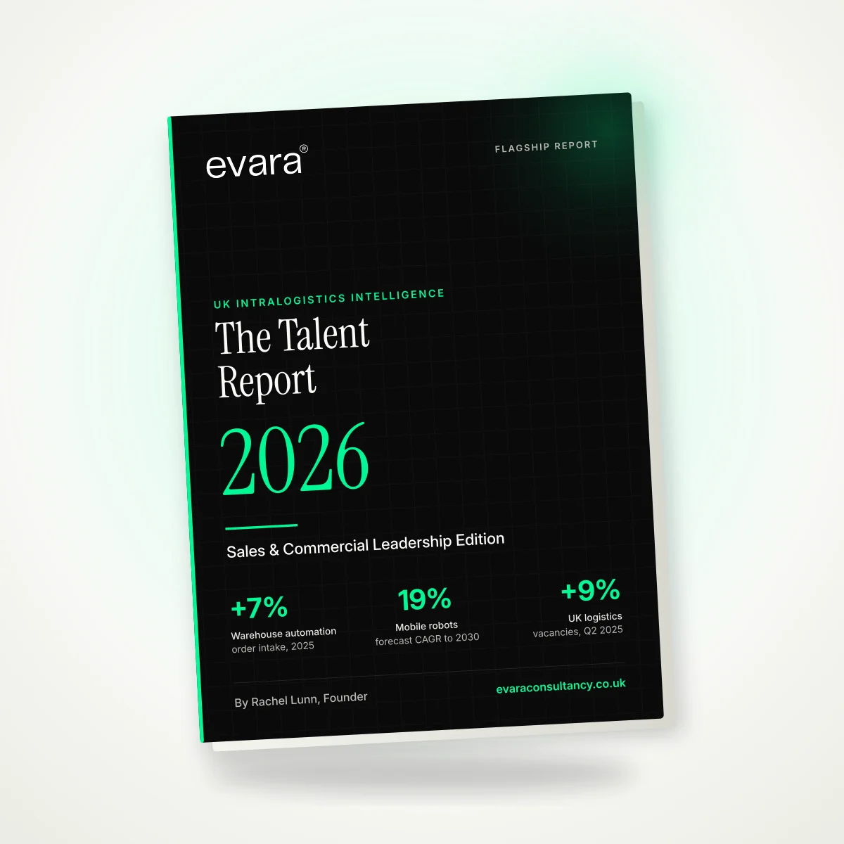 The UK Intralogistics Talent Report 2026 shown as a printed Evara booklet, with the Evara wordmark, the report title and the headline statistics on the cover