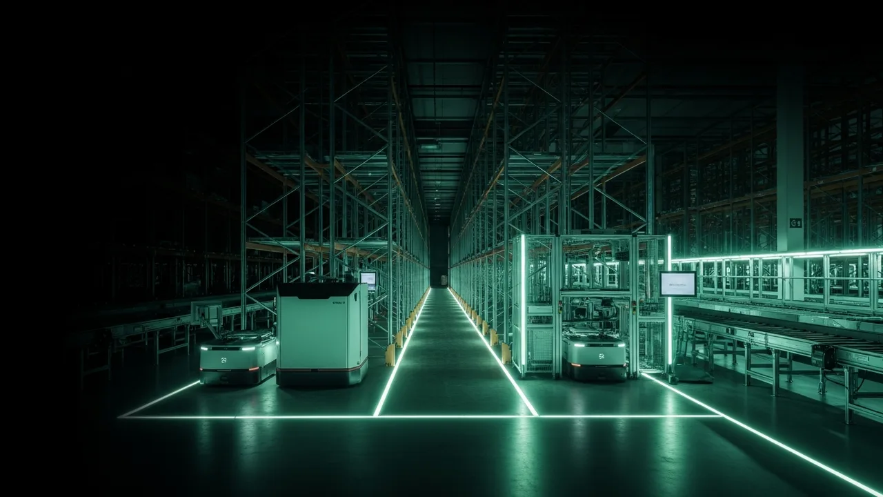 Abstract editorial cover for the Evara UK Intralogistics Talent Report 2026, showing an automated warehouse aisle rendered in monochrome with a bright green accent line