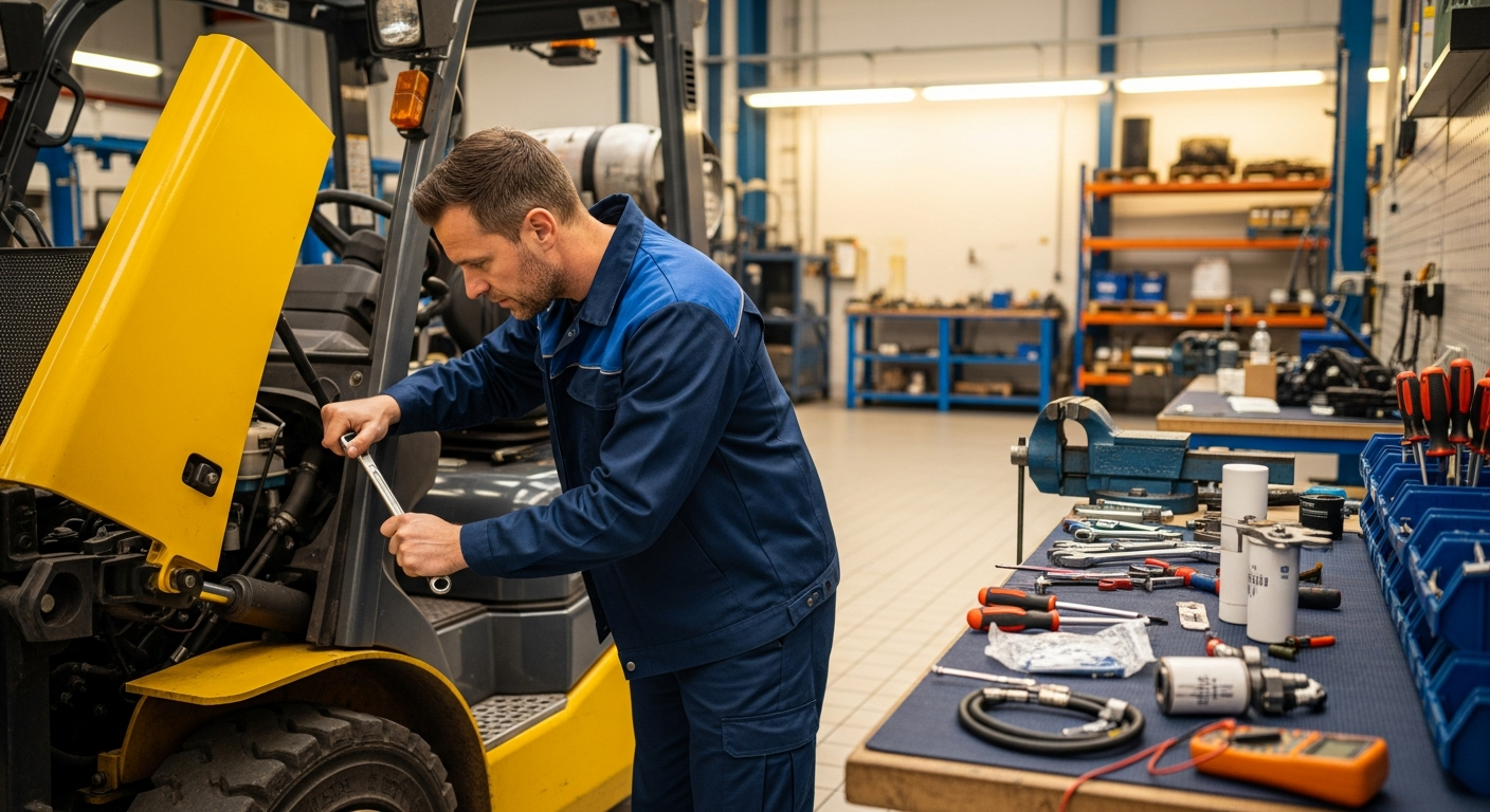 Service engineer working on a forklift truck in a material handling workshop