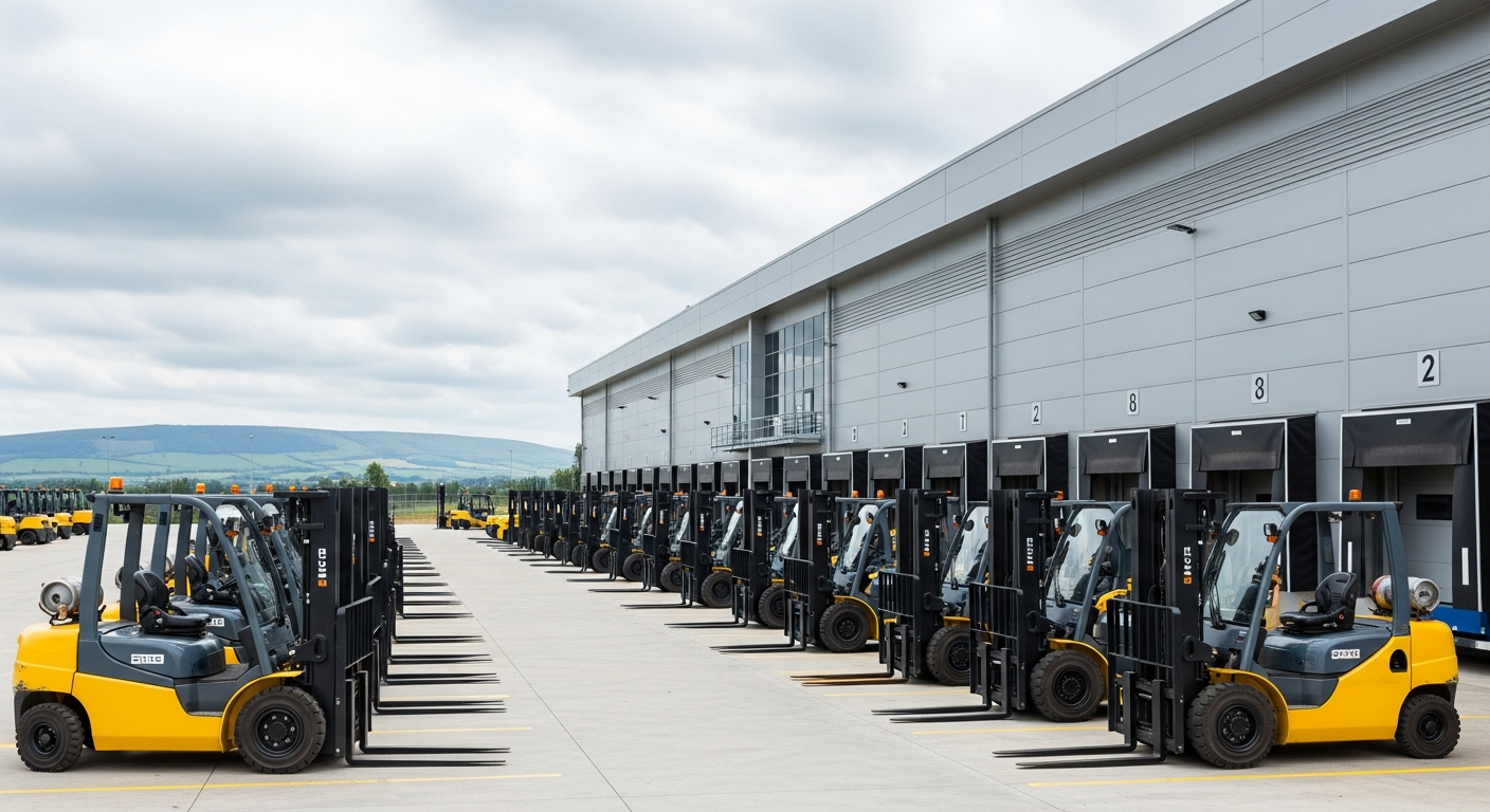 Fleet of forklift trucks outside an industrial unit with Scottish hills behind