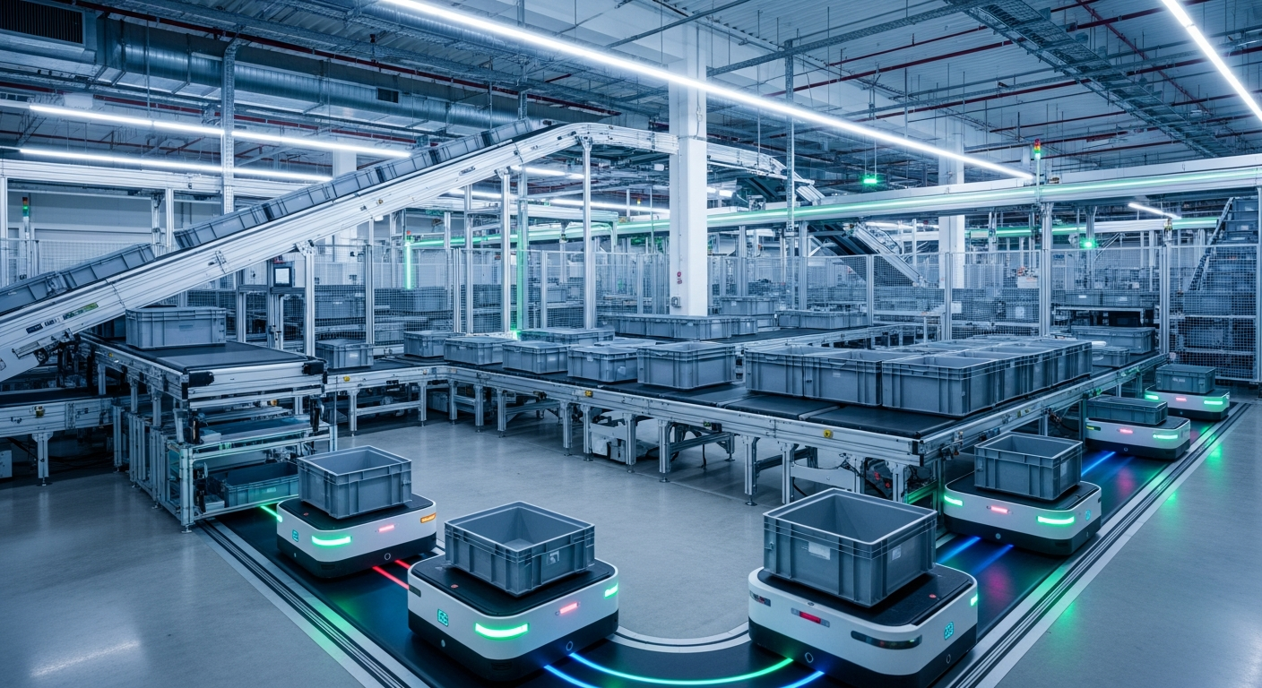 Automated warehouse with conveyors and autonomous mobile robots moving totes