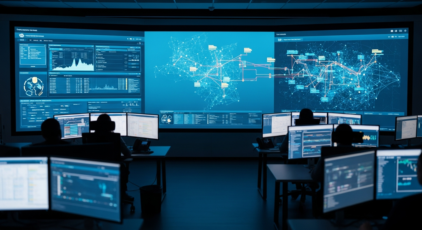 Supply chain software dashboard on screens in a modern operations office