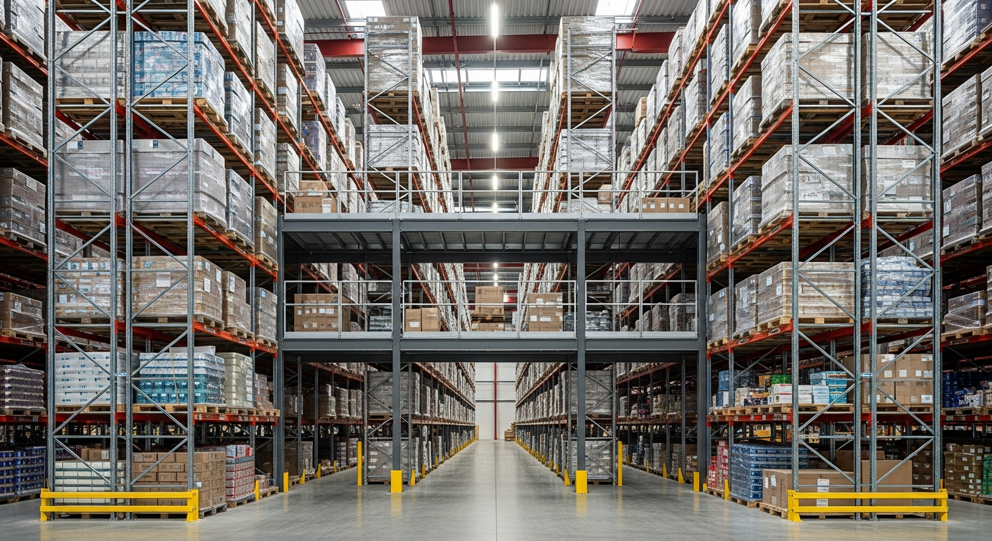 High-bay pallet racking and mezzanine storage inside a modern warehouse