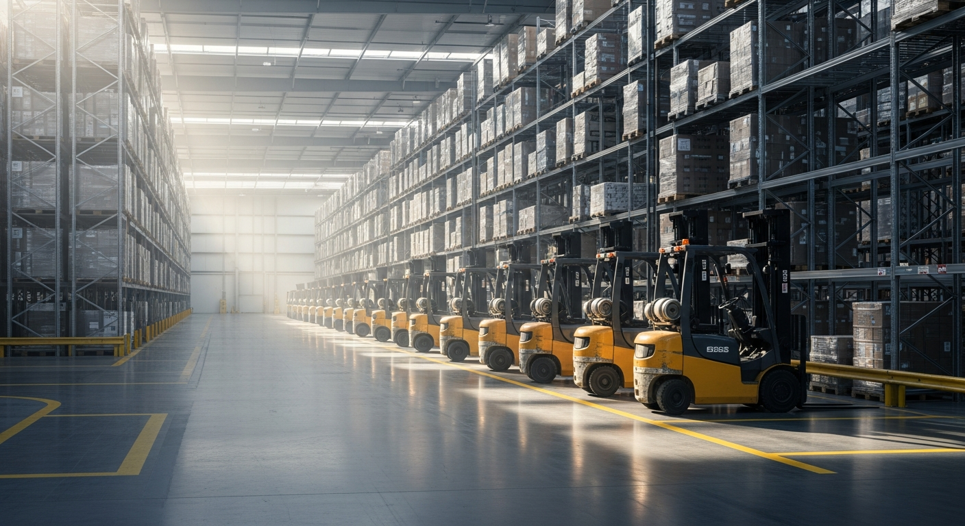 Counterbalance forklift trucks lined up inside a large UK distribution warehouse