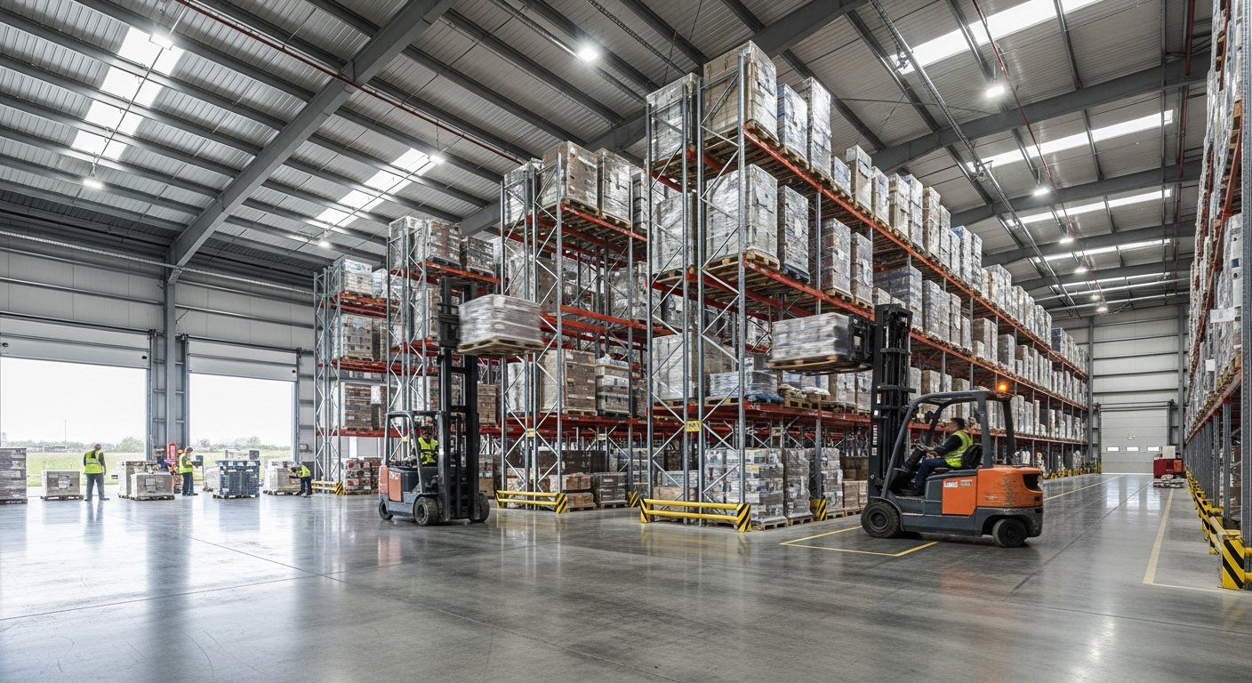 Forklift trucks moving palletised goods inside a northern English distribution warehouse