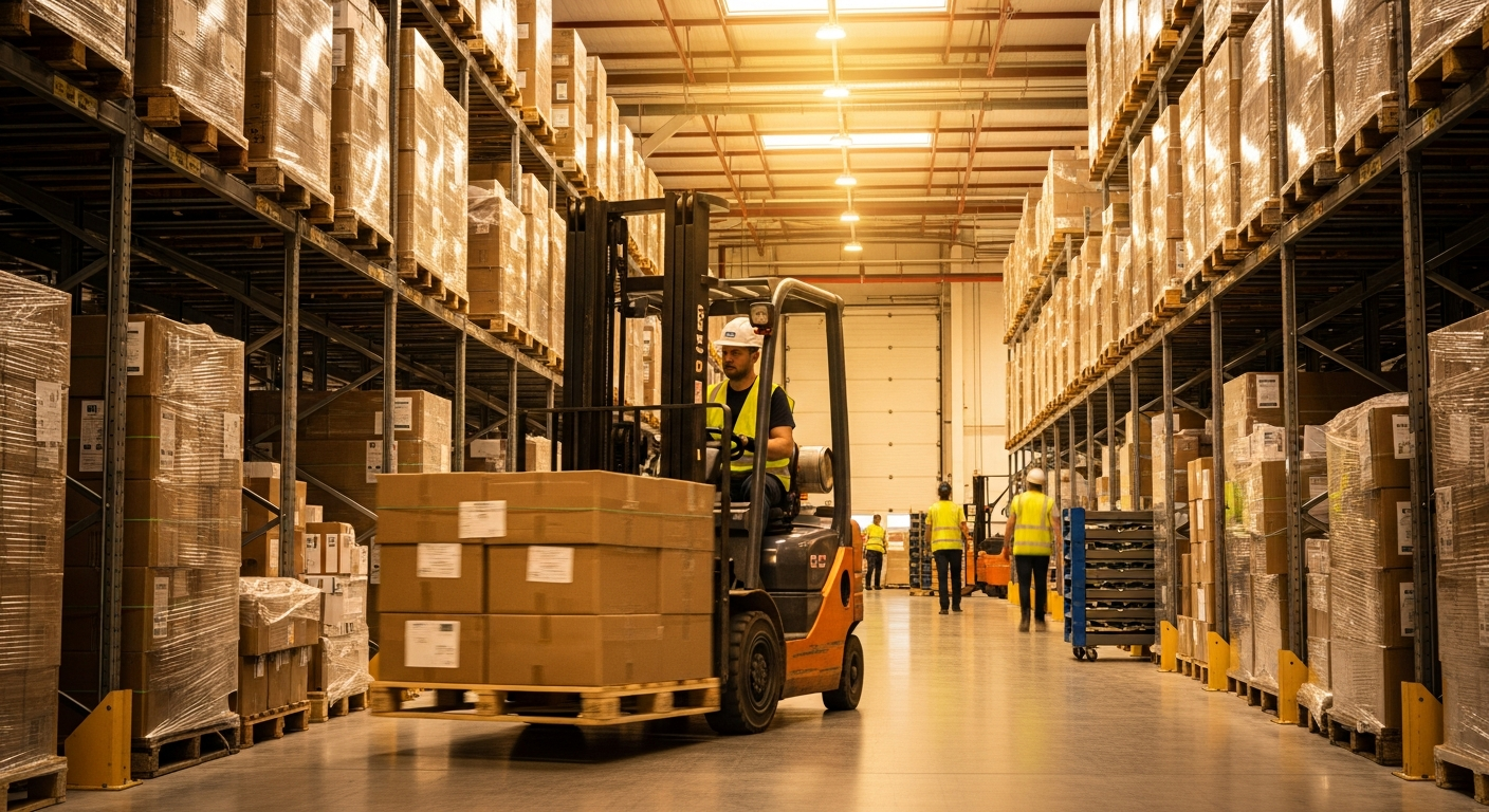 Forklift operator moving palletised goods in a busy West Yorkshire warehouse