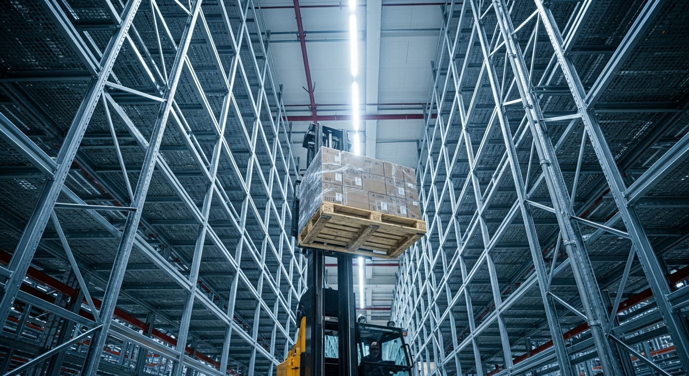 Reach truck and racking inside a large distribution centre in the West Midlands